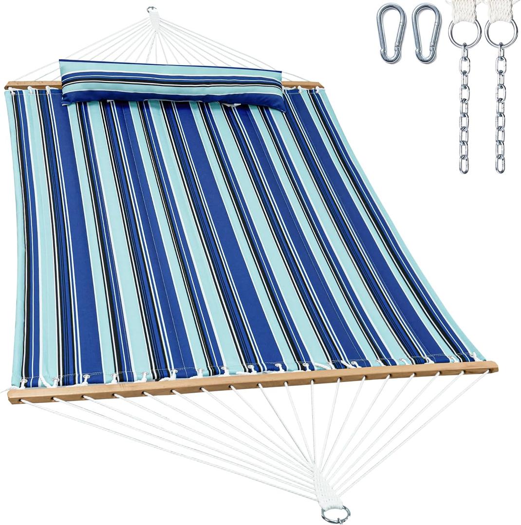 GAFETE Hammock 2 Person Quilted Fabric Hammocks for Outside, Double 12ft Hammocks with Spreader Bar, Large Removable Pillow, Storage Bag, Carabiners, Max 475 lbs Capacity (Catalina Beach)