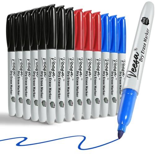 VEESA Dry Erase Markers (Black Red Blue), Fine Tip, 75 Count Low-Odor Whiteboard Marker Pens for Office School Home