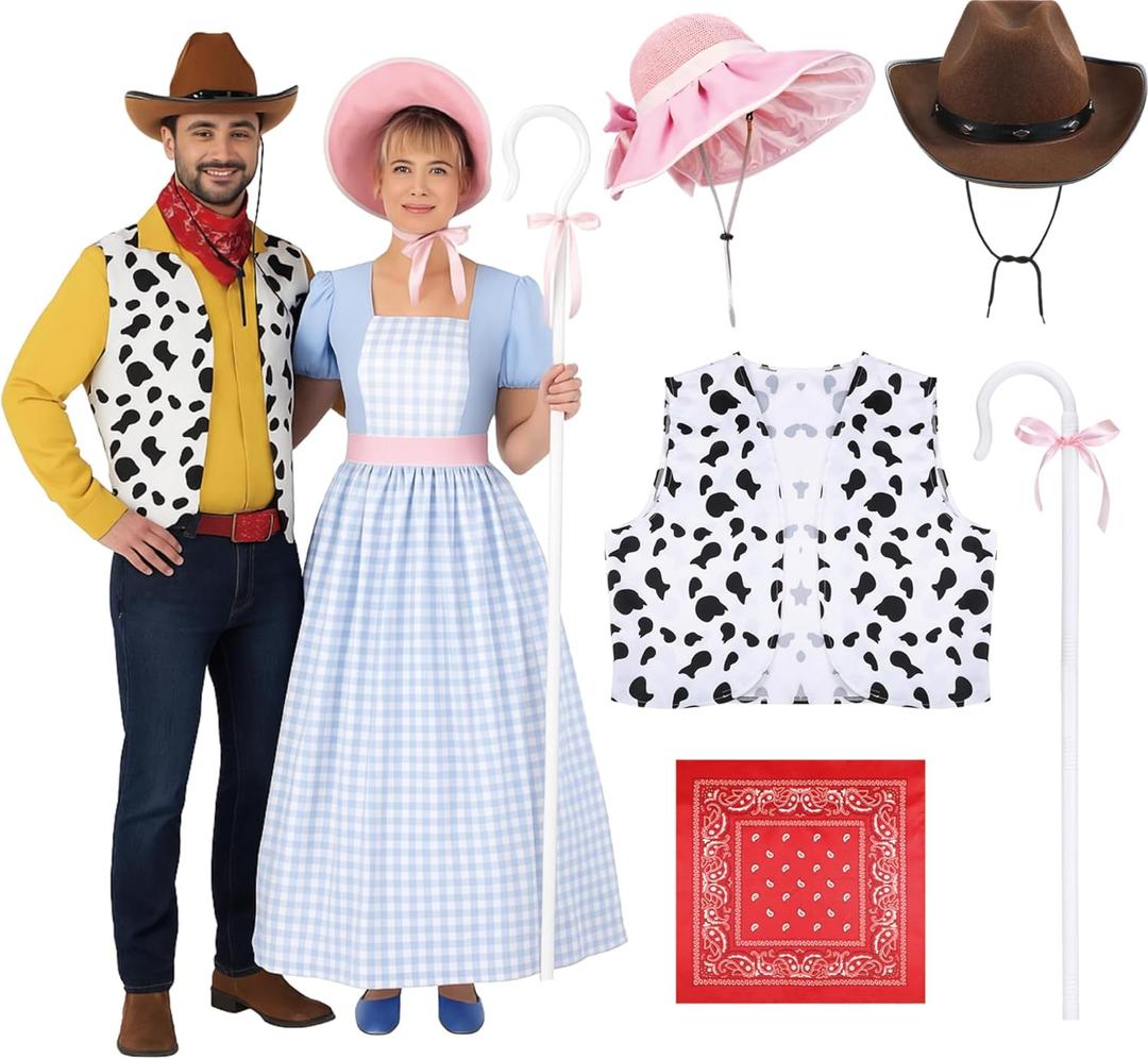 Halloween Couples Costume Set  Western Cowboy & Shepherdess Matching Outfits for Adults, 6 Pcs Classic Toy-inspired Cosplay Party Costumes