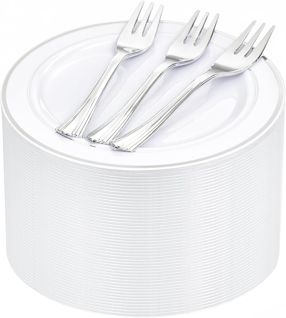 WELLIFE 240PCS Silver Plastic Dessert Plates - Includes 120PCS Silver Forks, 120PCS 6.3 Inch Salad & Appetizer Plates - Perfect for Wedding & Party