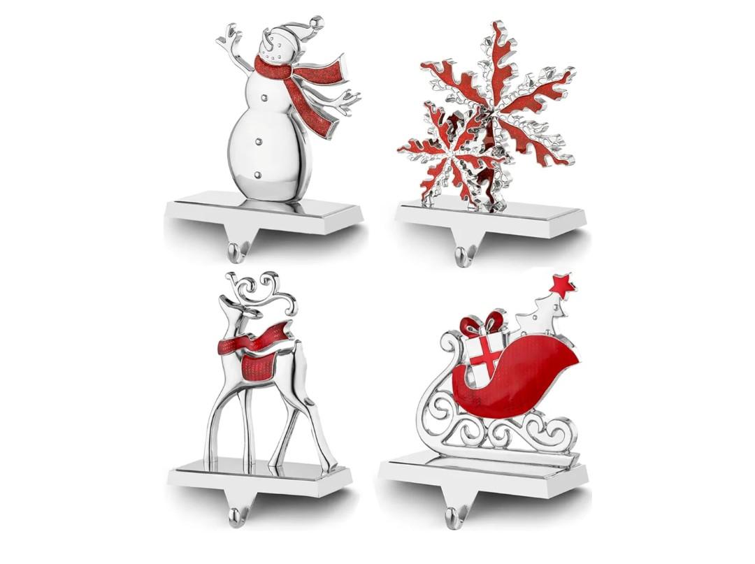 4PCS Christmas Stocking Mantle Holders Set Stand Sign Heavy Weighted Stocking Hooks Fireplace Stocking Hanger for House Holiday Yards Mantle Holder Décor (Mutli,4)