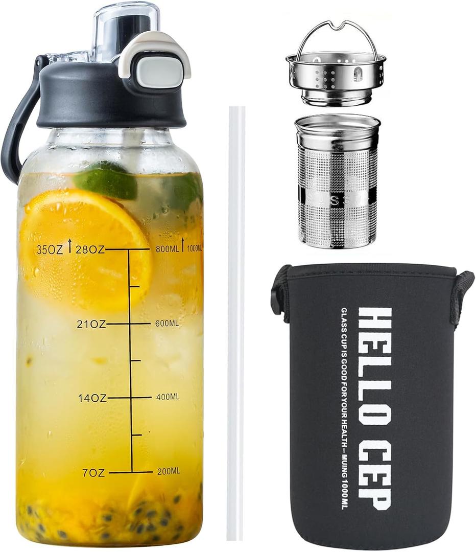 35oz Glass Water Bottles with Time Marker & Straw, BPA-Free Leakproof Glass Drinking Bottles with Protective Sleeve & Tea Infuser for Office Travel Sport (1PCS)
