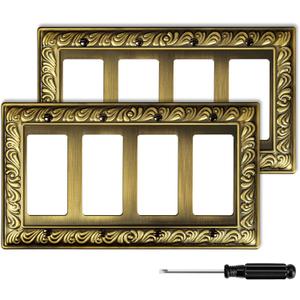 Antique Brass Decorative Wall Plate Light Switch Cover Decorator Outlet Covers Rocker Switch Plates Metal Material Wall Plates for Kitchen Bathroom (4 Gang Quad Decorator-2 Pack)