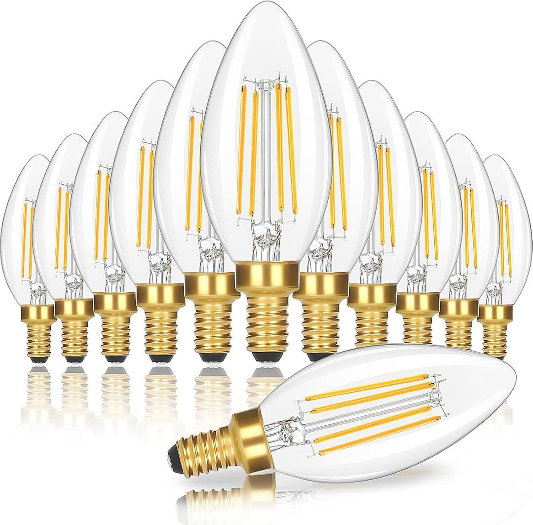 Dimmable E12 Candelabra LED Light Bulbs 60 Watt Equivalent, 6W 630LM Chandelier Light Bulb 2700K Soft Warm White, Vintage LED Filament Clear Glass Candle Light Bulbs, 90+ CRI, No Flicker, 12-Pack