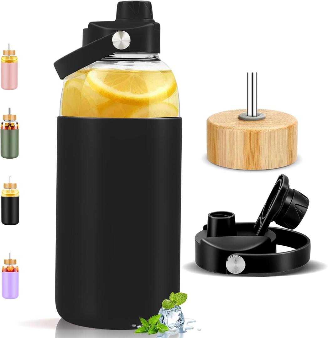 PROBTTL Glass Water Bottles 64 oz, Half Gallon Glass Water Bottle with Straw, Silicone Sleeve, 2 Lids - Handle Spout & Bamboo Straw Lid (Black)