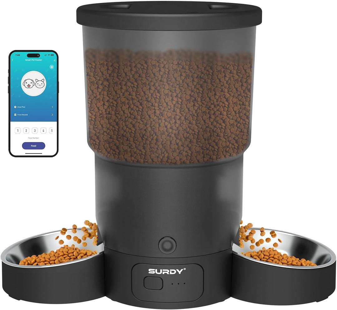 SURDY Automatic Cat Feeder with 5G WiFi, 20 Cups/5L Automatic Cat Food Dispenser for 2 Cats Smart Pet Feeder with APP Control for Remote Feeding (Black, 5L)
