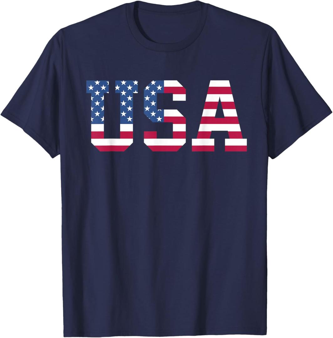 USA American Flag Patriotic Red White Blue Stars & Stripes T-Shirt, Large, Navy Blue 