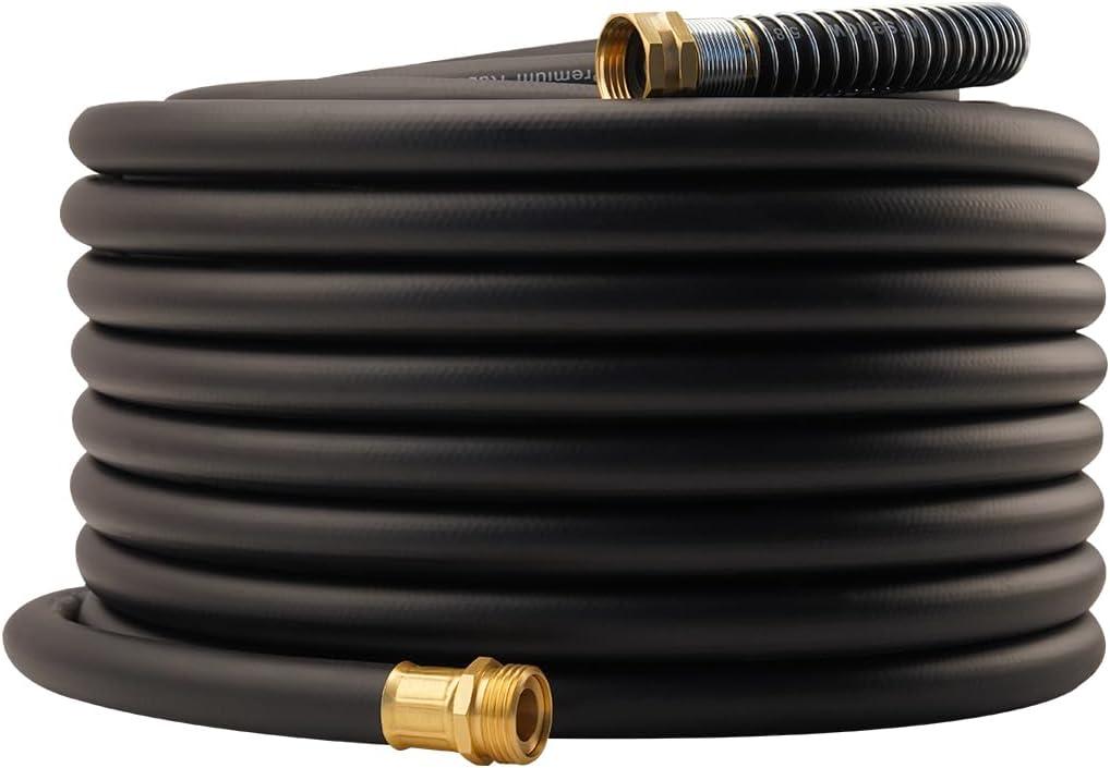 WiseFlow Garden Hose 100FT x 5/8", Heavy Duty Rubber Hose, Water Hose with Five Layered Braiding, Male Female Fittings, 1000PSI Burst, 300PSI Working (Black)