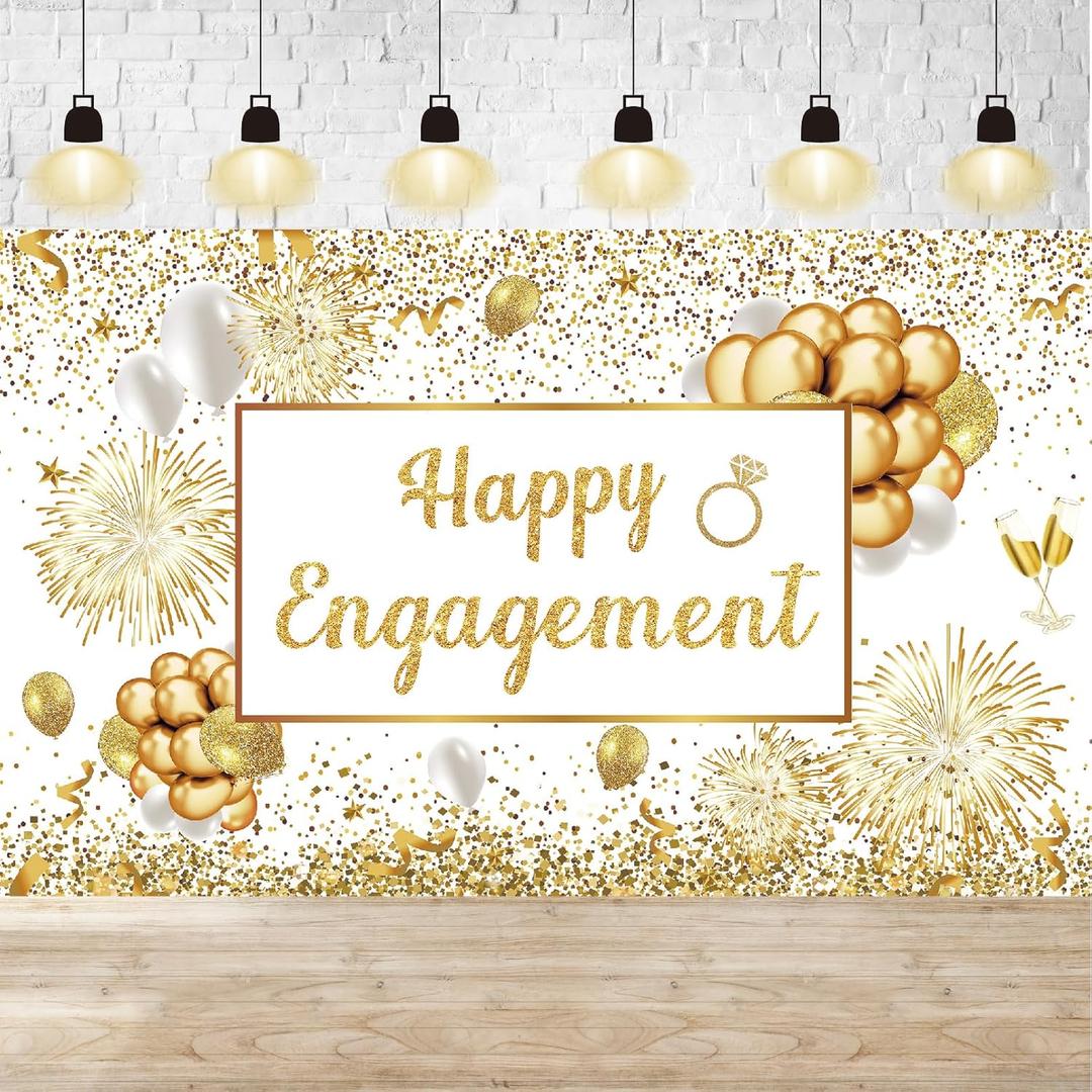 White Gold Engagement Party Decorations Happy Engagement Banner Large Engaged Banner Backdrop Decorations Congratulations Engagement Party Decor Just Engaged Banner Pre-Wedding Party Decor