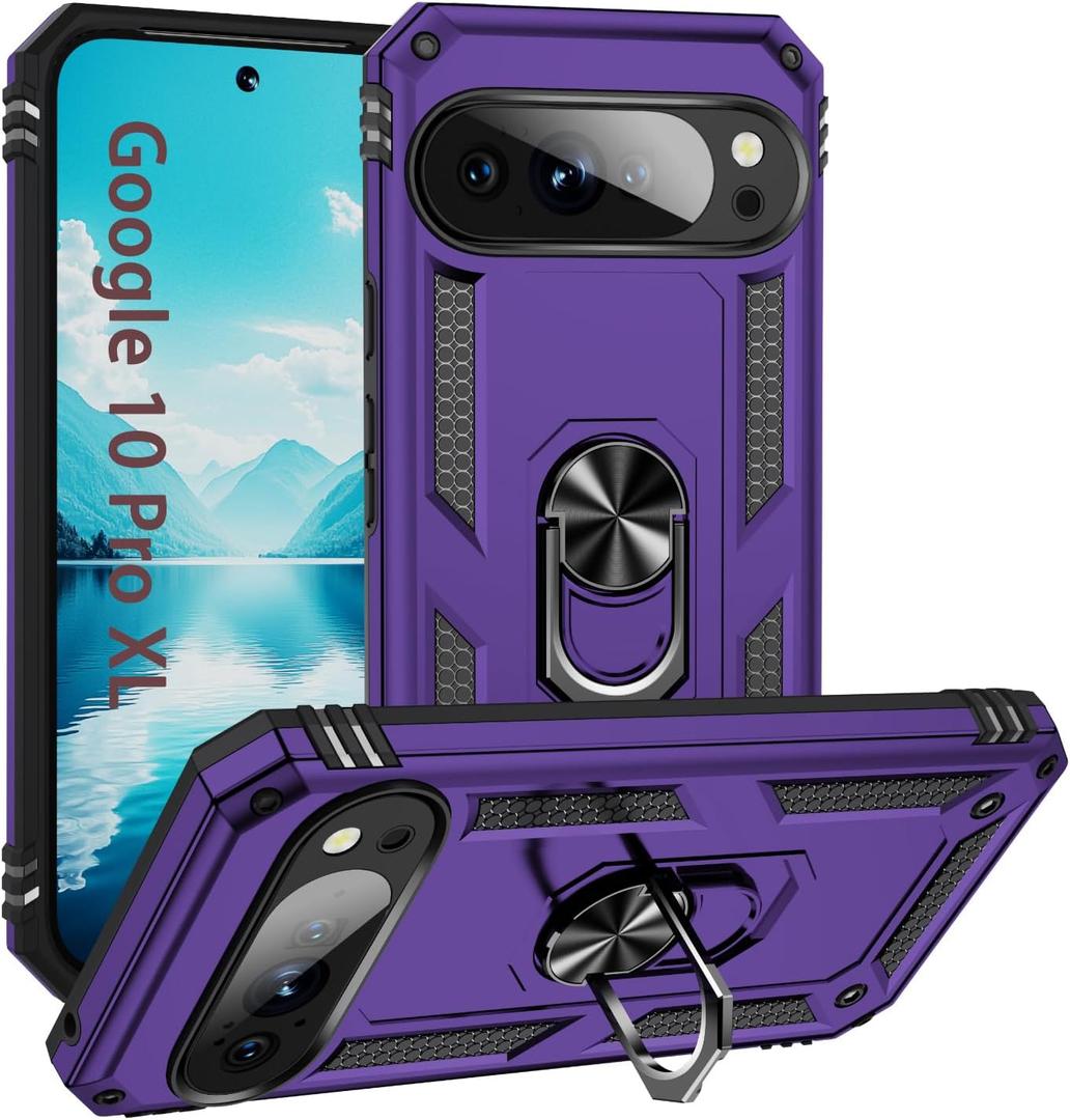 Pixel 10 Pro XL Phone Cover with Ring Kickstand [Heavy Duty Protective Cover] Full Body Military Grade Shockproof Case for Google Pixel 10 Pro XL Phone Cases Purple