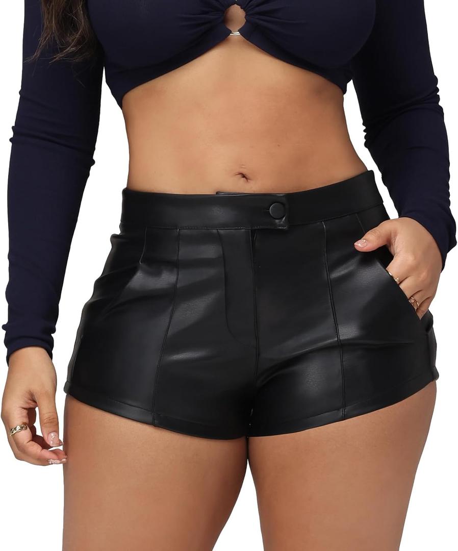Women's Micro Faux Leather Shorts Low Rise Waist Stretch Black Mini Hot Shorts Rave Club Party (Black, XXL)