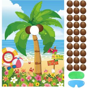Hxezoc Hawaiian Luau Party Game for Kids Pin The Coconut on The Palm Tree with 30 Pcs Coconut Stickers, Large Summer Tropical Palm Tree Poster for Hawaiian Birthday Party Supplies, 29 x 19 inches
