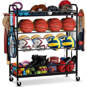 Garage Sports Equipment Organizer - Rolling Ball Storage Bin with Wheels, Garage Sports Gear Rack Outdoor Basketball Racks for Balls with Baseball Bat Holder and Hooks, Toy Organizer (Black)