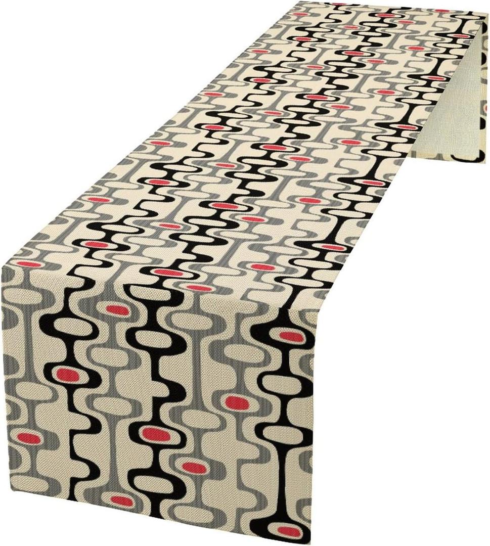 Mid Century Table Runner, Retro Design of Organic Oval Shapes and Stripes Print Table Runner for Kitchen Dining Room Wedding Party Decor, Black Red 13x60 Inch (W13"x L60")