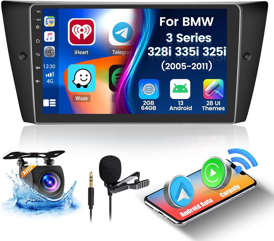 Fuluku2+64G for BMW 328i 335i 325i E90 E92 E93 2005-2013 Android 13 Car Stereo with Wireless Carplay Android Auto, 9' Touchscreen Radio WiFi/GPS/FM/RDS/Bluetooth/SWC/Backup Cam Mic