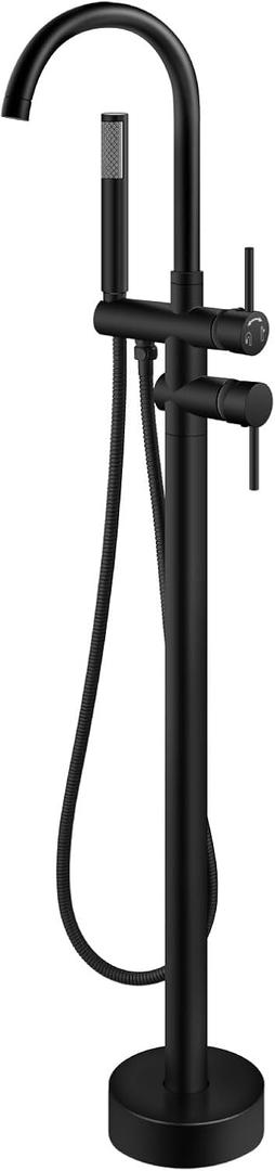 gotonovo Floor Mount Bathtub Faucet High Flow Freestanding Tub Filler Standing Shower Faucets with 360 Swivel Gooseneck Spout and Cylinder Handheld Spray, Matte Black