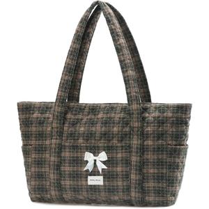 Molly Moon Tote Bag for Women, Quilted Plaid Tote Bag with Zipper, Quilted Cotton Shoulder Bag for Women, Lightweight Green Plaid bag for College, Travel, Daily, Women's Gifts for Sister Teachers