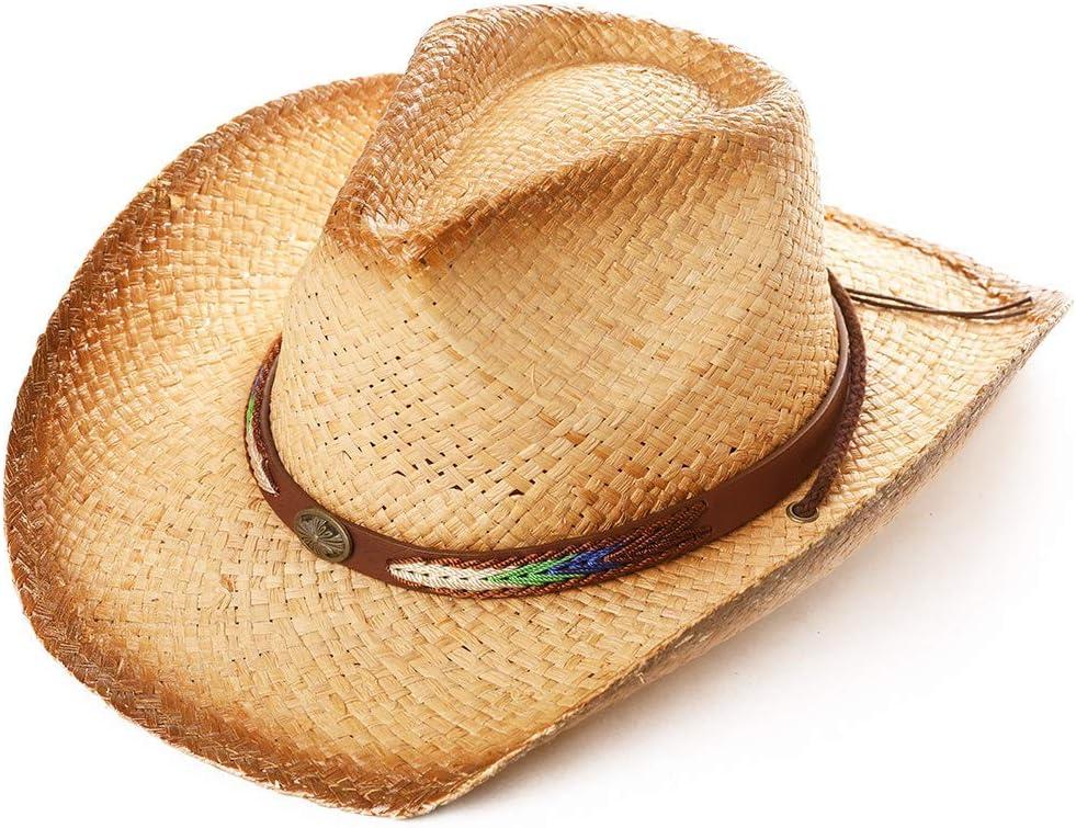 Comhats Western Style Round Cowboy Straw Hat Ladies Fedora Chin Cord Vegan Leather Band Shapeable Brim Beach Cowgirl (Large, 00724_natural)