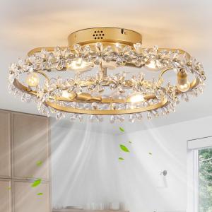 20" Chandelier Fan Bladeless Ceiling Fan with Light, Boho Caged Ceiling Fans with Lights and Remote, Flush Mount Low Profile Modern Ceiling Fan with Light for Bedroom, Living Room, Flower