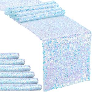 MoKoHouse 6 PCS Mermaid Sequin Table Runner 12 x 72 Inch Blue Iridescent Table Runners for Little Mermaid Party Decorations