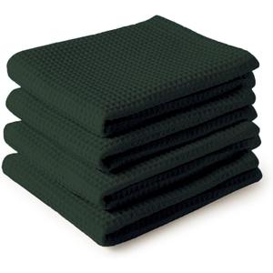 Encasa XO Kitchen Dish Towels Set | Dark Green | Waffle Weave and Flat Hand Tea Towel | 28"x18" | Quick Drying Reusable Cotton Washcloths | Multipurpose Lightweight Dishcloths Set of 4