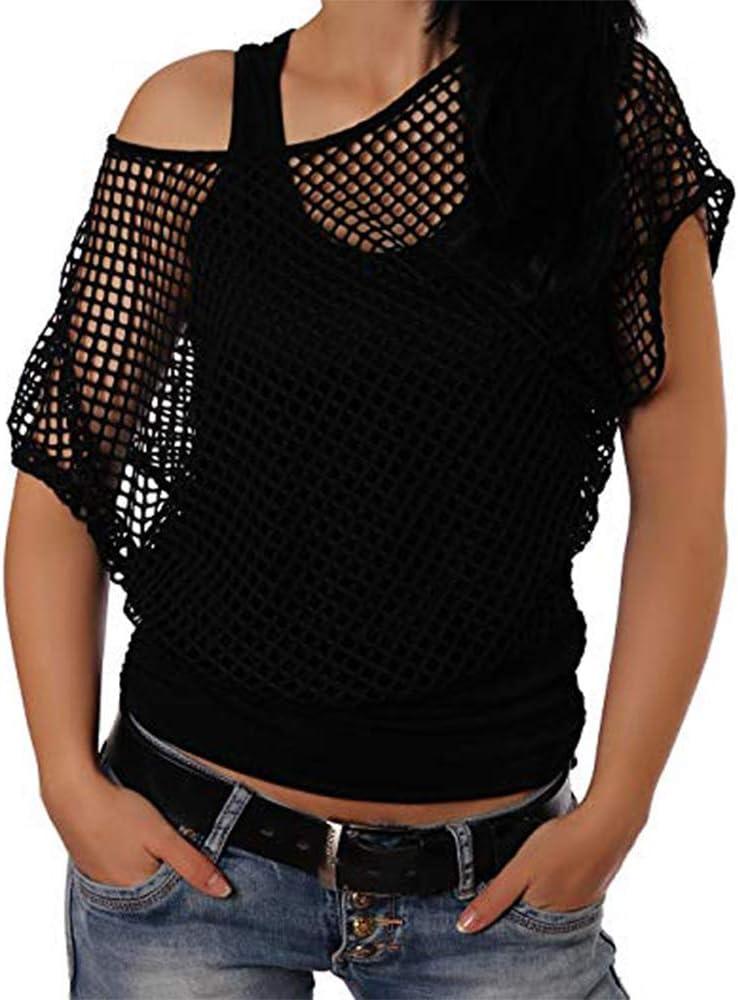 Smile Fish Women Casual Sexy 80s Costumes Fishnet Neon Off Shoulder T-Shirt (2pieces Black
XL)
