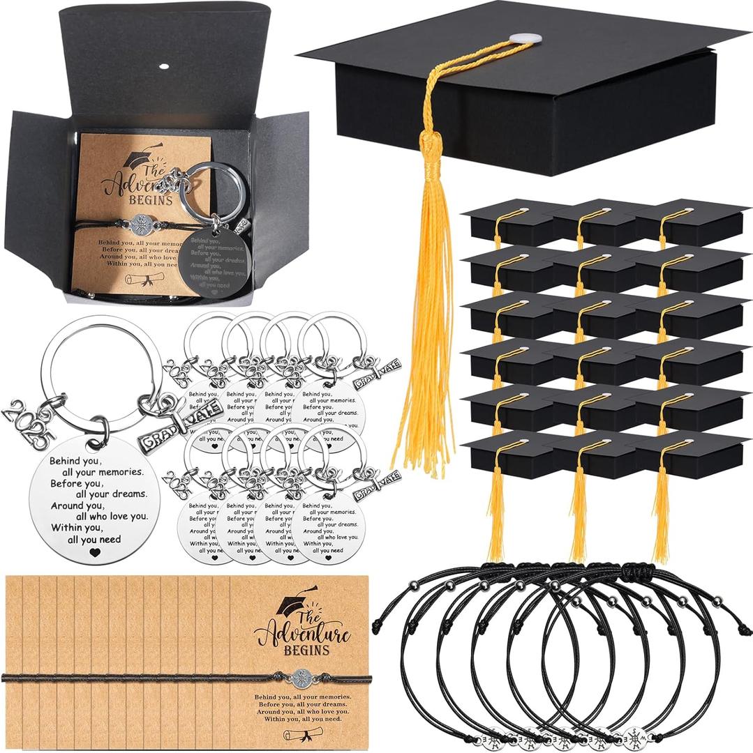 24 Sets 2025 Graduation Gifts Bulk, Class of 2025 Graduation Keychains With Grad Compass Bracelets Bulk Set In Cap Boxes 2025 Graduation Gift for Students, Guests, Graduates