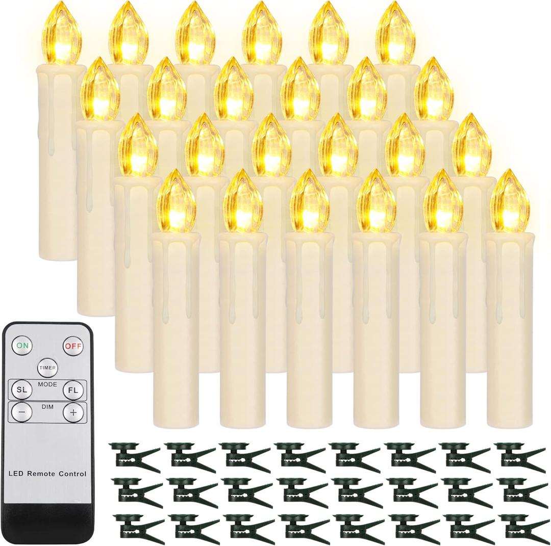 24PCS LED Flameless Taper Candles Flickering with Remote Timer, Battery Operated Waterproof Christmas Tree Candles, Warm White Window Candle Lights, Perfect for Christmas, Home Decoration (Ivory)