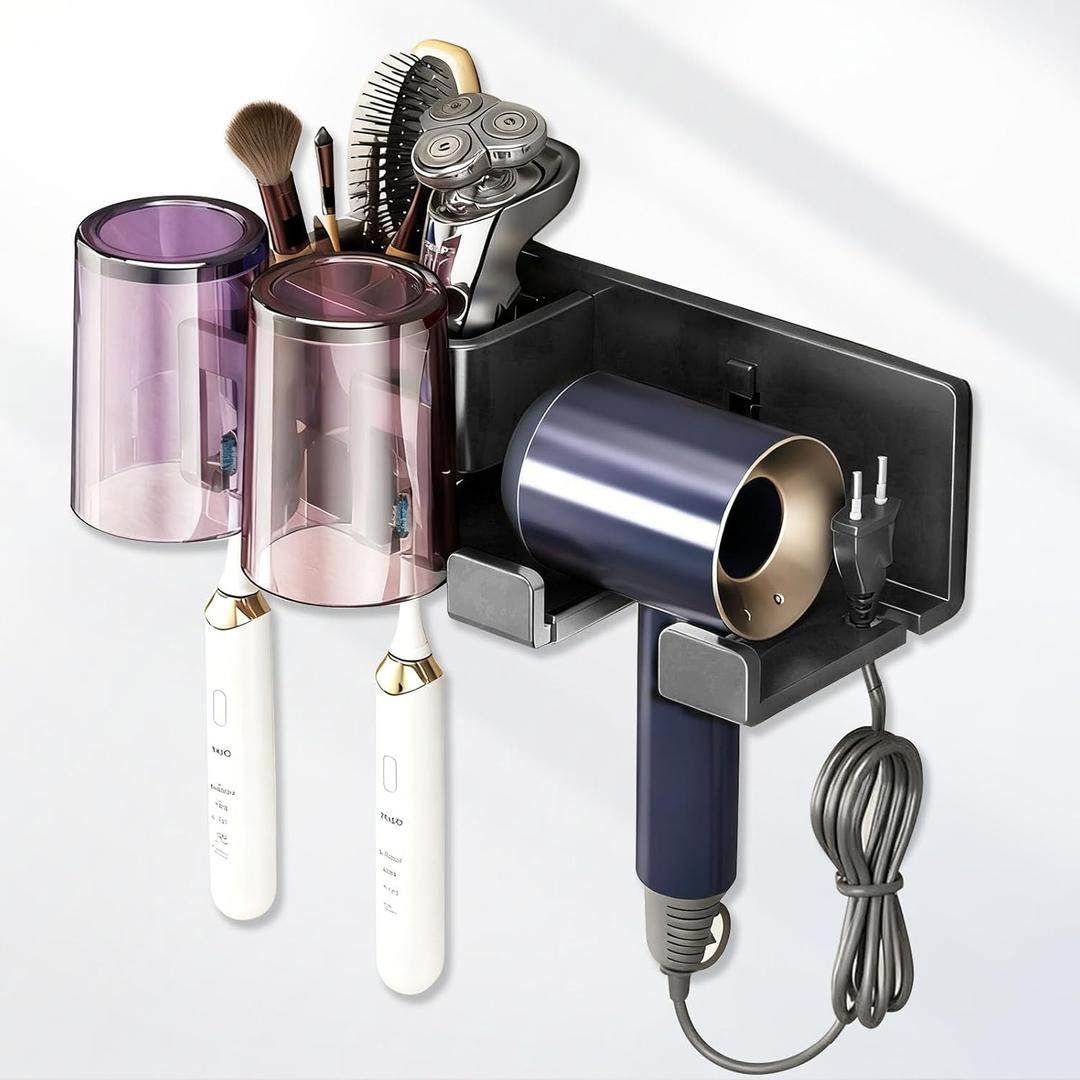 Hair Dryer Holder Wall Mounted Adhesive/Drilling,Hair Dryer Storage Organizer with 2 Toothbrush Holders,2 Toothbrush Cups,2 Storage Boxes for Bathroom,Blow Dryer Holder,Hair Tool Organizer,Dark Gray