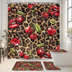 4 PCS Leopard Print Cherry Shower Curtain Set 72Wx72H,Toilet Lid Cover,Non-Slip Rugs and U-Shaped Mat,Cheetah Lips Bathroom Sets with Rugs Shower Accessories 12 Hooks for Bathroom Decor
