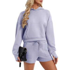 SPECIALMAGIC Women's 2 Piece Scuba Hoodie and Shorts Set Cozy Stretchy Sweatsuit Set Athleisure Outfit Lounge Street (Large)