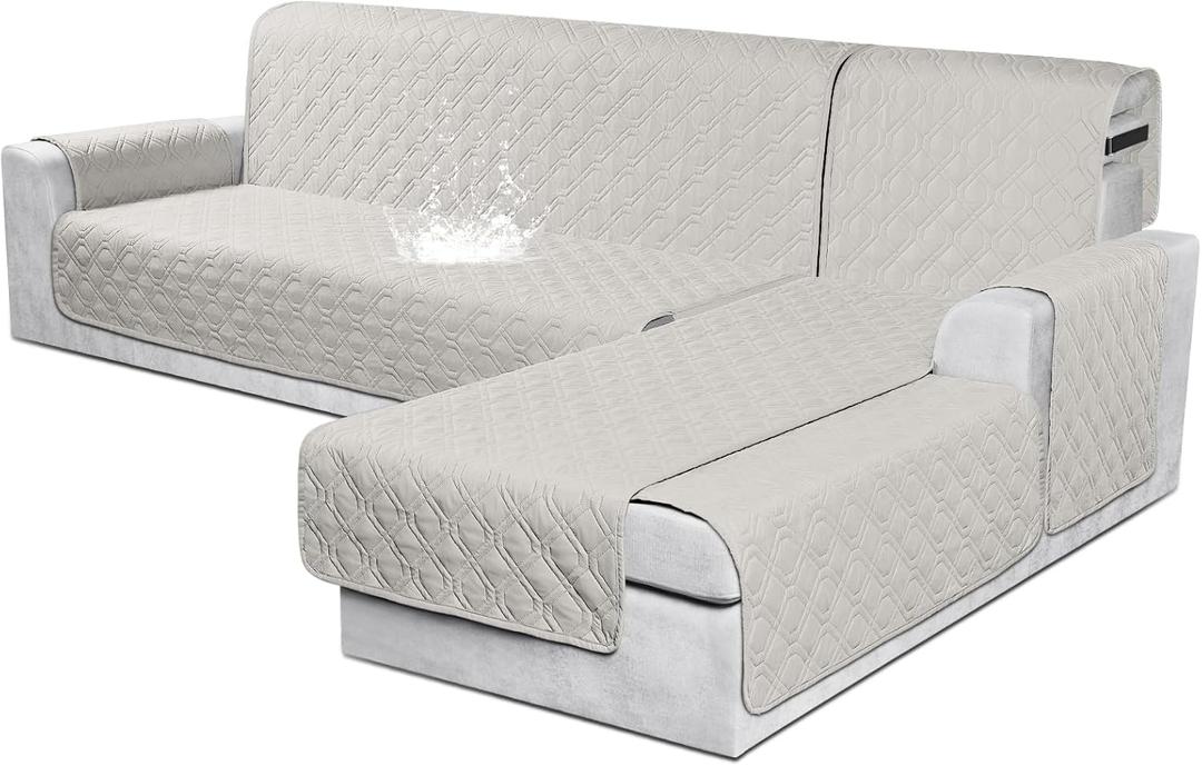 VANSOFY Sectional Couch Covers 100% Waterproof L Shaped Sofa Slipcover 3pcs Reversible Chaise Lounge Cover for Sectional Sofa Furniture Protector Cover for Pets Dog Cat(Large, Beige)