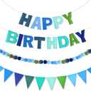 CANREVEL Pre-Strung 3D Happy Birthday Banner, 3 PCS Blue Felt Garland, Pom Pom Garland, Triangle Fabric Bunting, Reusable Blue Birthday Decorations for Boys Men
