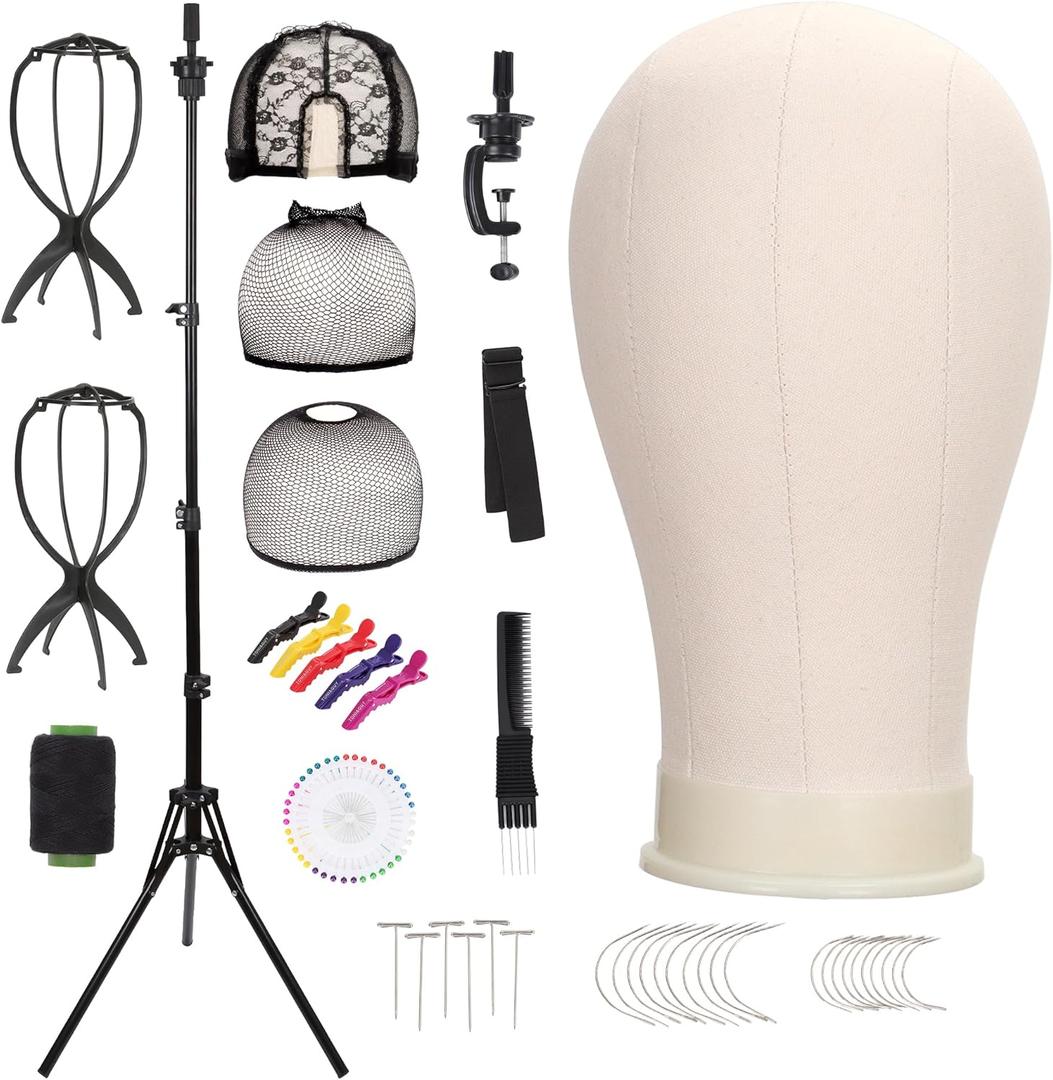 Demides 22'' Canvas Wig Head with 61'' Adjustable Tripod Stand, Mannequin Head Set for Styling, Display – Includes Caps, Elastic Bands, Stand & Tool Kit for Beginners and Professionals, Tripod-beige
