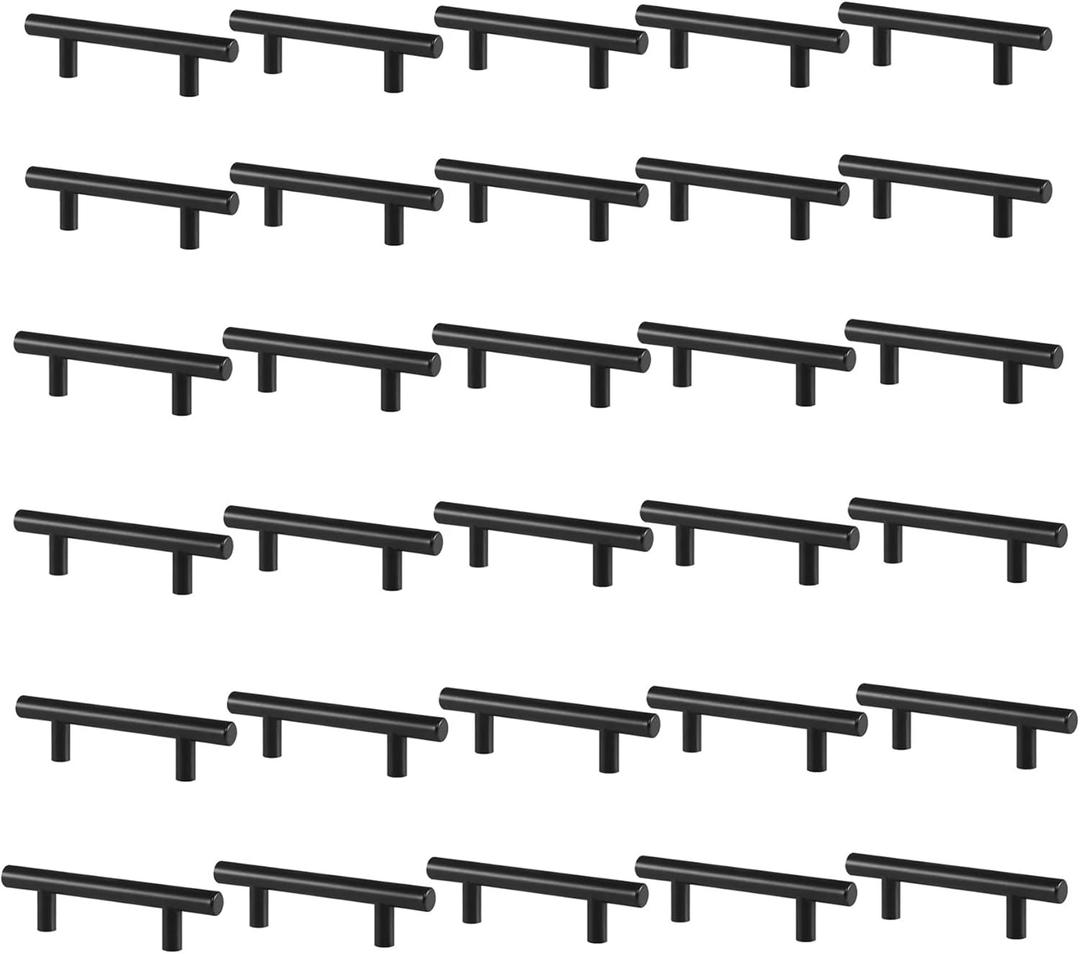 30 Pack Black Cabinet Pulls, 3 Inch Hole Centers Stainless Steel Round T-Bar Handles, 5" Overall Length Kitchen Drawer Pulls Hardware for Cupboard Wardrobe Closet Nightstand