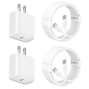 10FT Apple iPhone 17 16 Charger, 2Pack Extra Long 10Foot Type C Cable Cord 20W USBC Charger Travel Plug Super Quick Charging for iPhone 17 Air/17 Pro/17 Pro Max/16e/16 Pro/16 Pro Max/15/15 Pro Max/iPad (White)