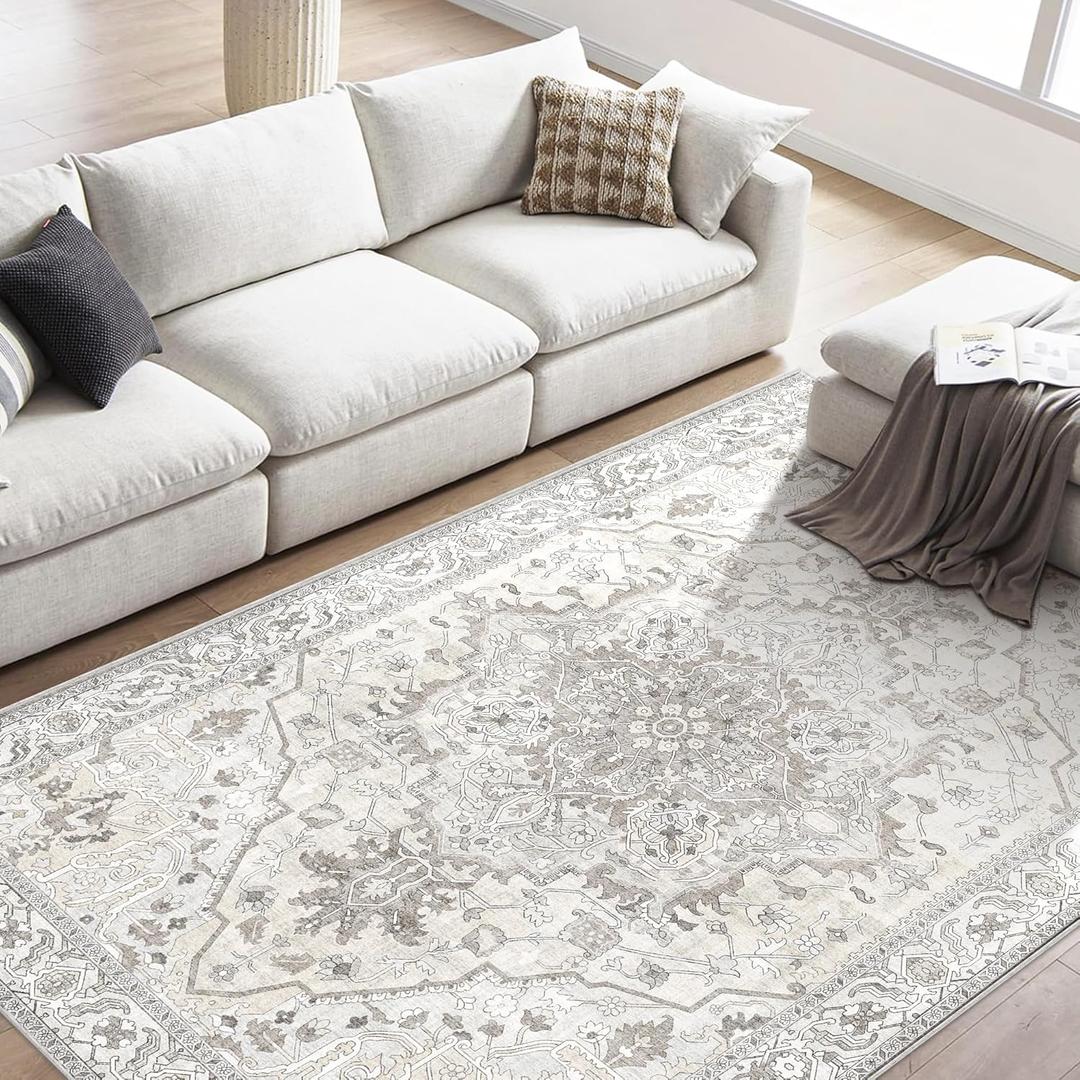 Boho Area Rug 6x9 Washable Large Vintage Rug for Living Room Bedroom Office Kitchen Entrance Dining Room Non Slip Soft Low-Pile Farmhouse, Beige/Multi