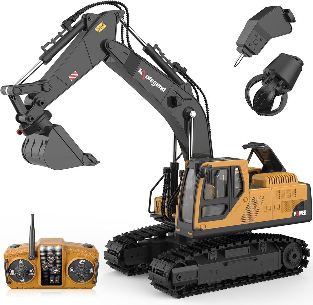 kolegend 3 in 1 Remote Control Excavator Toy 14 Channel RC Excavator Toy for Boys 3-12 with Bucket/Claw/Drill 2.4GHz Full Functional Construction Vehicles Toys Gift for 6 7 8 9 10 Years Old Kids Boys (Small)