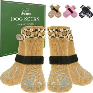 EXPAWLORER Dog Socks for Cold Winter Snow to Prevent Licking Paws, Anti Slip Doggie Grippy Booties Shoes for Hardwood Floors, Boots & Paw Protectors for Small Medium Large Senior Dogs Khaki S
