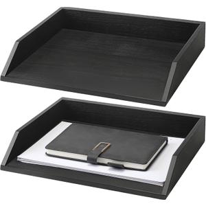 Beeveer 2 Pcs Wooden Letter Tray Wood Letter-Size Desk Organizer Heavy Duty 2 Tier Stackable Support Paper Tray Desktop Drawer File Folder Magazine Office Accessories Back to School(Black)