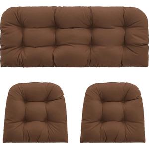 Outdoor Wicker Chair Cushions 3 Pieces for Patio Furniture, 1 Loveseat Cushion 44x22x4 and 2 U-Shaped Cushions 22x22x4, Indoor Outside Use, Fade-Resistant & Waterproof, Brown
