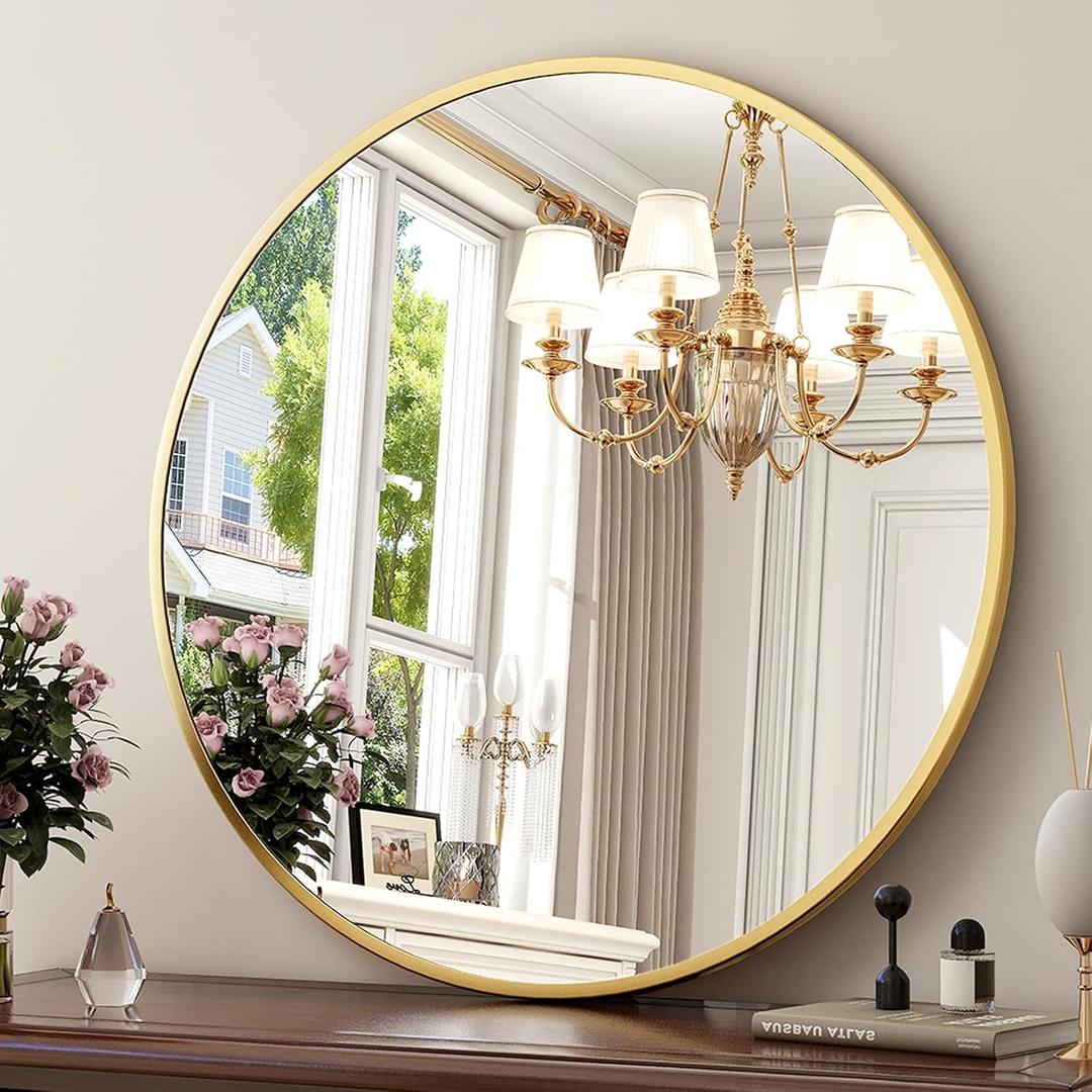 XRAMFY 30 Inch Round Mirror - Circle Mirrors for Bathroom, Entryway and Living Room Wall Decor, Modern Hanging Vanity Mirror, Matte Gold Circle Decorative Wall Mirror