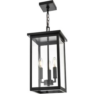 Black Outdoor Pendant Lanern, E12 Candle Chandelier 3-Lights Large Exterior Hanging Light Fixture with Clear Glass Height Adjustable for Indoor Entryway Porch