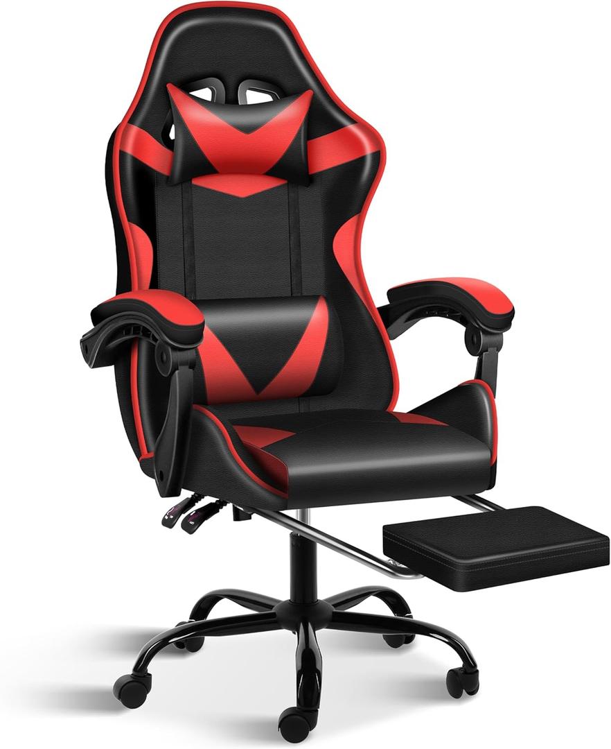 Simple Deluxe Office Chair - High Back Gaming Chair, Desk Chair with Adjustable Lumbar Support, Recliner Swivel Video Game Chair with Footrest, Height Adjustable, Black/Red
