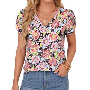 KIFOVEN Womens Summer Tops Short Sleeve V Neck Flora Tee Loose Fit Tunic T Shirt Blouse Red Print Small (S)
