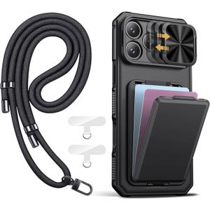 SSLOTSCASE for iPhone 17 Pro Max Case with Phone Lanyard Crossbody (2X Tabs), Card Holder & Kickstand & Slide Camera Lens Cover & Camera Stand, Rugged Durable Case Cover for iPhone 17 Pro Max, Black (Lanyard Strap Kit)