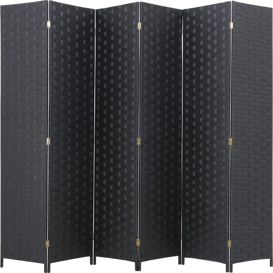 Room Divider Wood Screen 6 Panel Folding Portable Partition Screens Wooden Mesh Woven Design Room Screen Divider for Home Office (Black)
