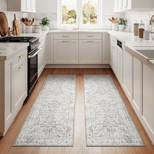 jinchan Kitchen Runner Rug 2x6-2pcs,Vintage Hallway Rug Washable Floral Non Slip with Rubber Backing Soft Carpet Runner for Bedroom Laundry Room Living Room Taupe