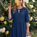 Dokotoo Denim Dress for Women Short Puff Sleeve V Neck Solid Babydoll Jean Dresses (Blue, M)