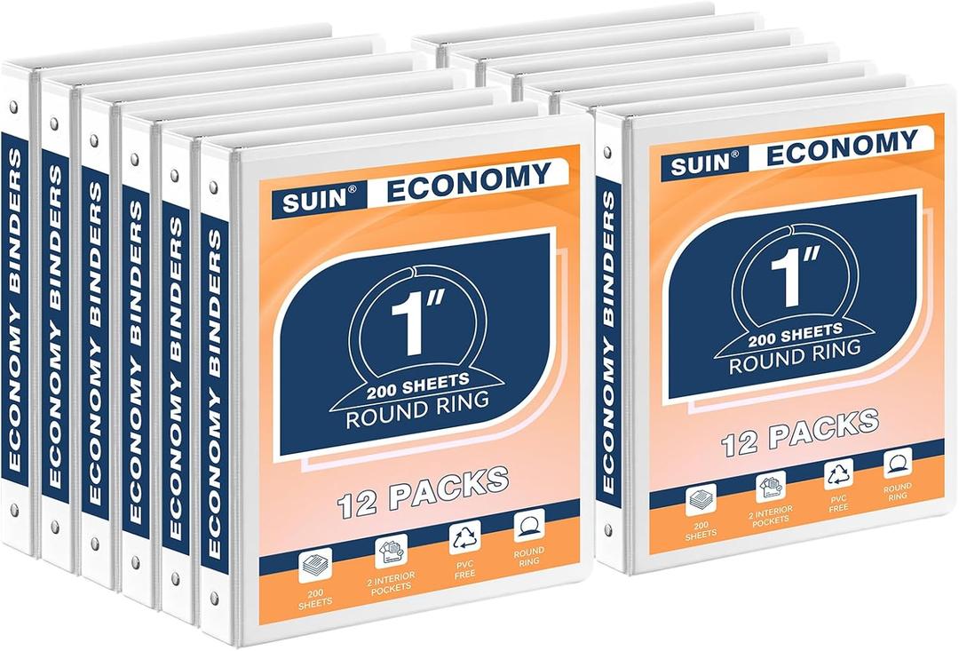 SUIN Economy 1-Inch 3-Ring-Binder, Customizable Clear View Cover, for US Letter Size 8-1/2 x 11'', Perfect for Office/School (White - 12 Packs)